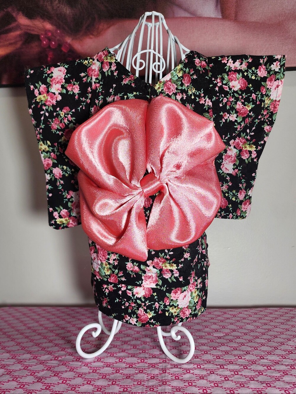 Geisha-Inspired Dog Dress – Floral Print with Satin Pink Bow – Size Large